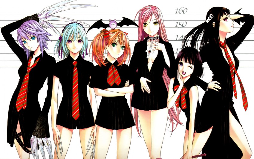 akashiya moka, shirayuki mizore, kurono kurumu, sendou yukari, toujou ruby, and 2 more (rosario+vampire) drawn by ikeda_akihisa