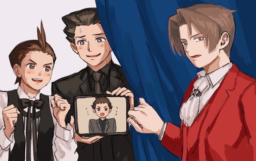 phoenix wright, apollo justice, and miles edgeworth (ace attorney) drawn by renshu_usodayo