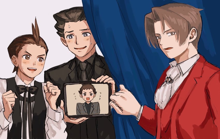 phoenix wright, miles edgeworth, and apollo justice (ace attorney) drawn by renshu_usodayo
