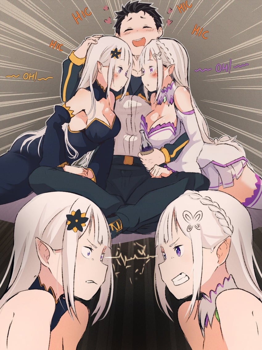 emilia, natsuki subaru, and satella (re:zero kara hajimeru isekai seikatsu) drawn by zerobarto