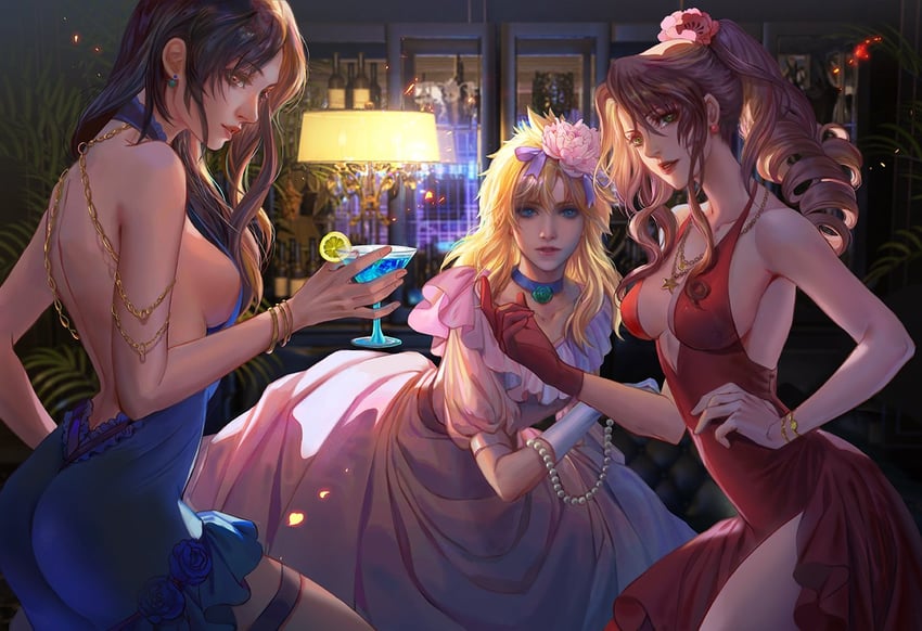 tifa lockhart, cloud strife, and aerith gainsborough (final fantasy and 1 more) drawn by fan_yang_(jiuge)