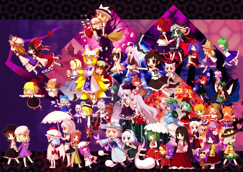 hakurei reimu, kirisame marisa, remilia scarlet, flandre scarlet, izayoi sakuya, and 53 more (touhou) drawn by nishiki_koi