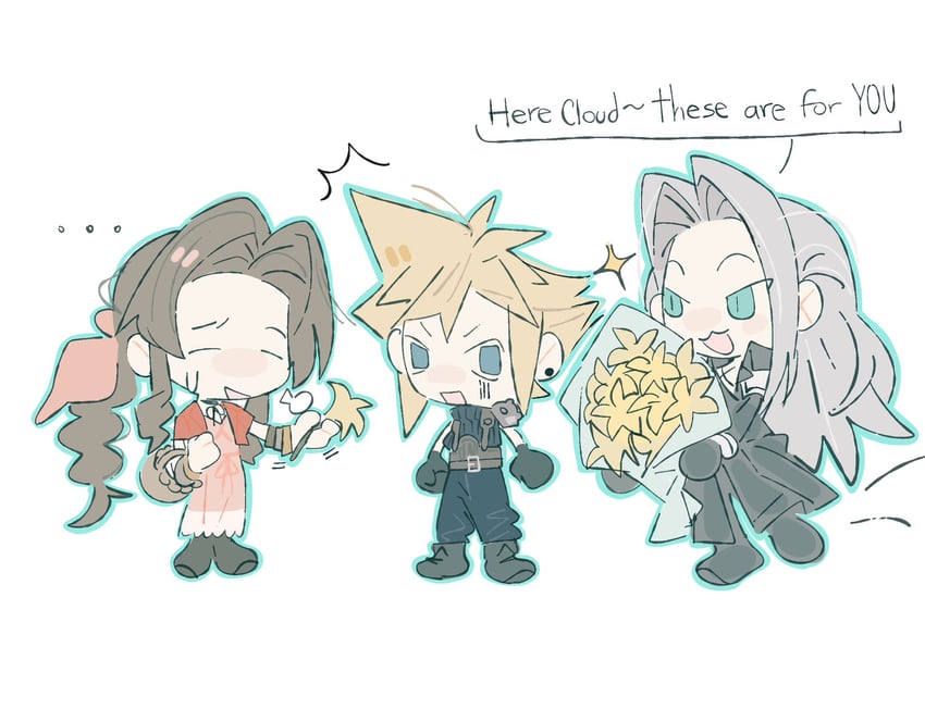 cloud strife, aerith gainsborough, and sephiroth (final fantasy and 2 more) drawn by lentymet