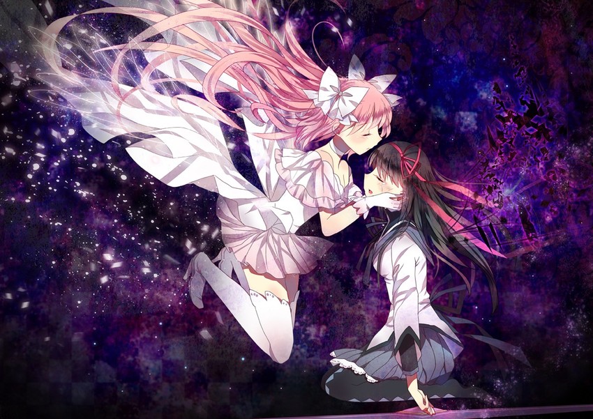 akemi homura, kaname madoka, and ultimate madoka (mahou shoujo madoka magica) drawn by domotolain