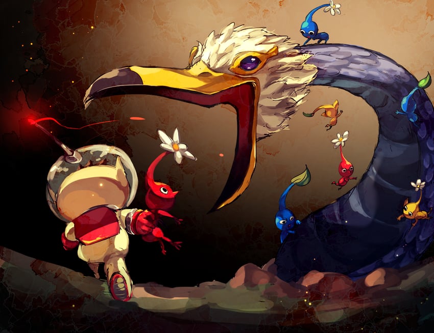 red pikmin, olimar, yellow pikmin, blue pikmin, and burrowing snagret (pikmin) drawn by shirushiki