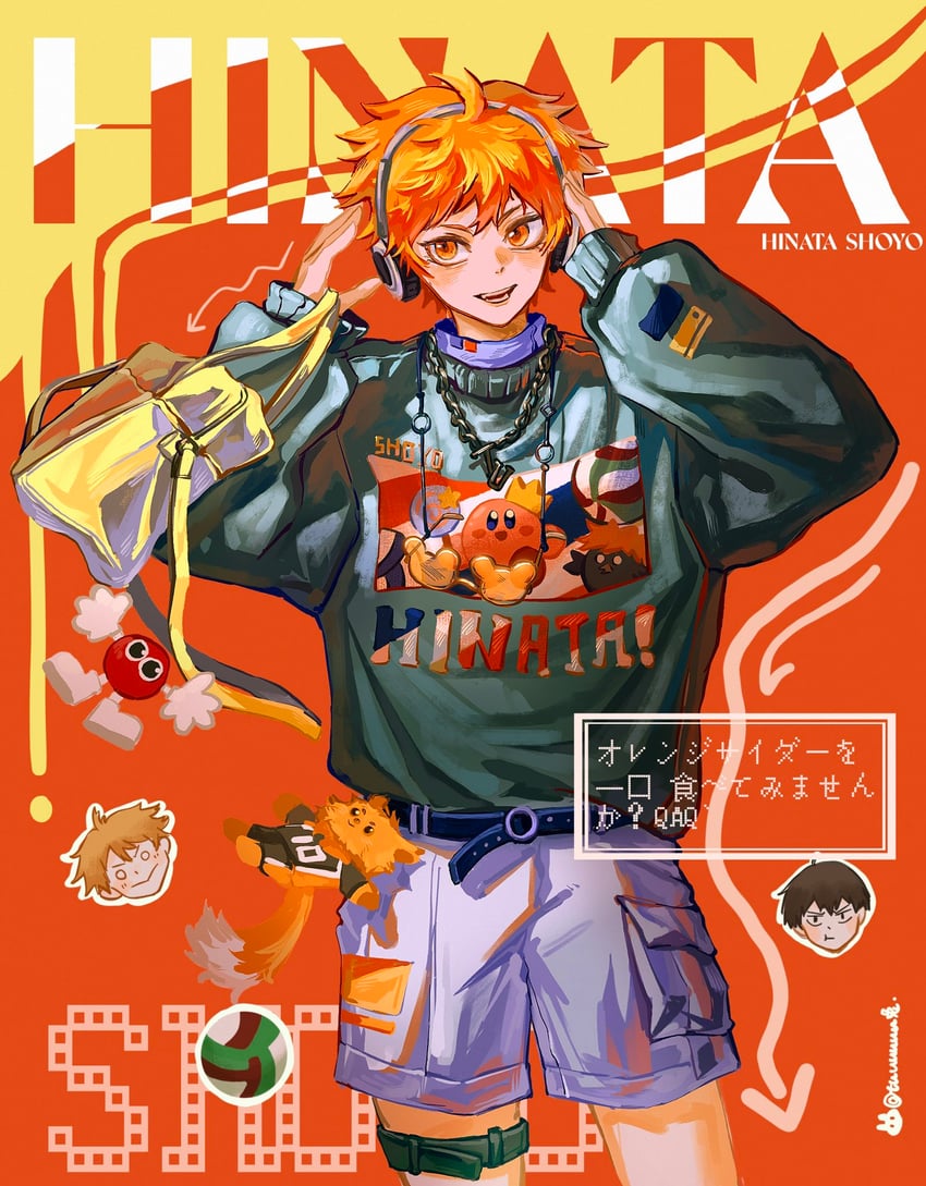 kirby, hinata shouyou, and kageyama tobio (kirby and 1 more) drawn by tuuuuuututu