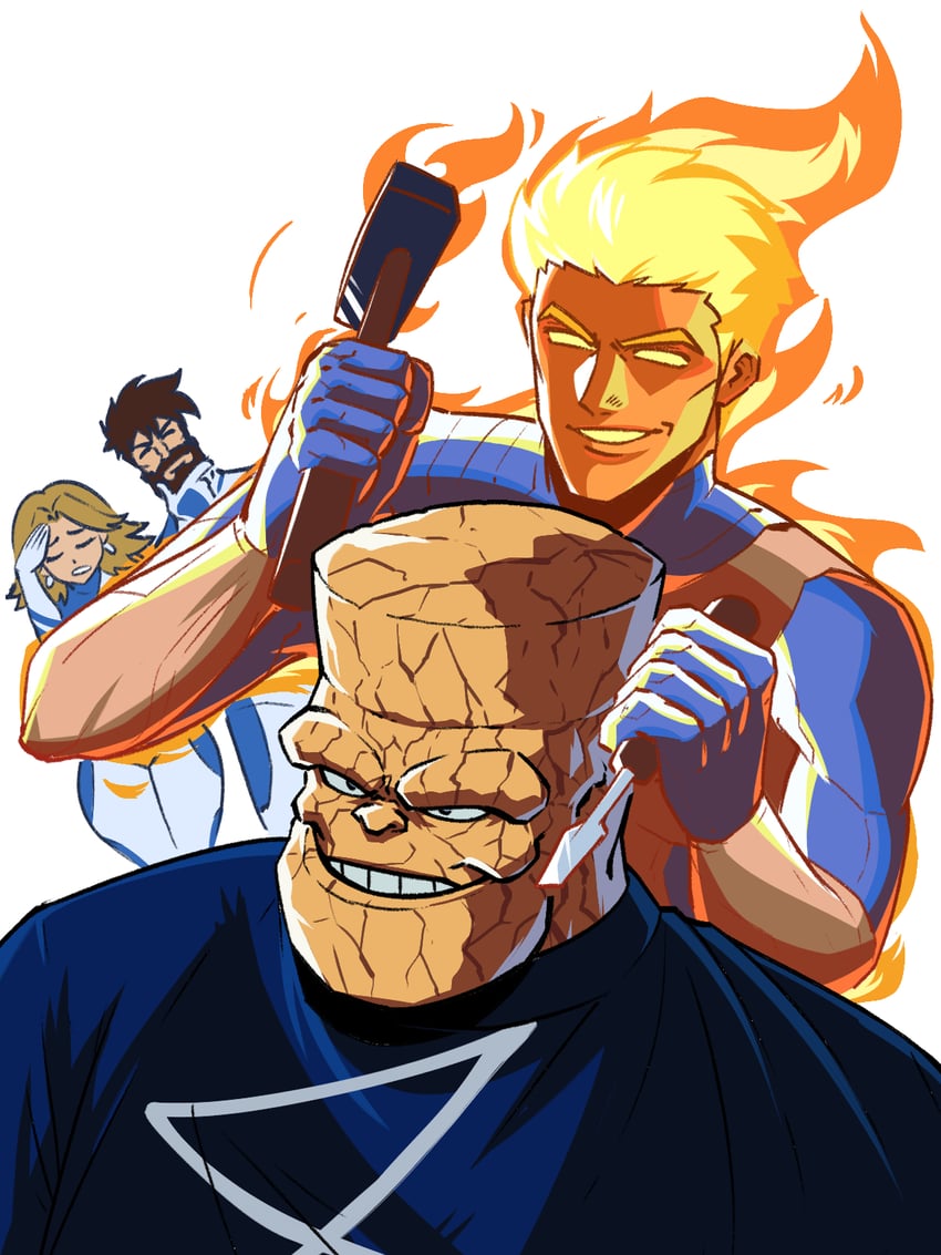 sue storm, reed richards, johnny storm, ben grimm, and human torch (marvel and 2 more) drawn by tina_fate