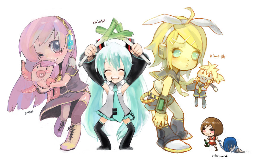 hatsune miku, kagamine rin, kagamine len, megurine luka, kaito, and 2 more (vocaloid) drawn by guitar_(guitars), kima, michi_ta_(masquerade), and nikerabi