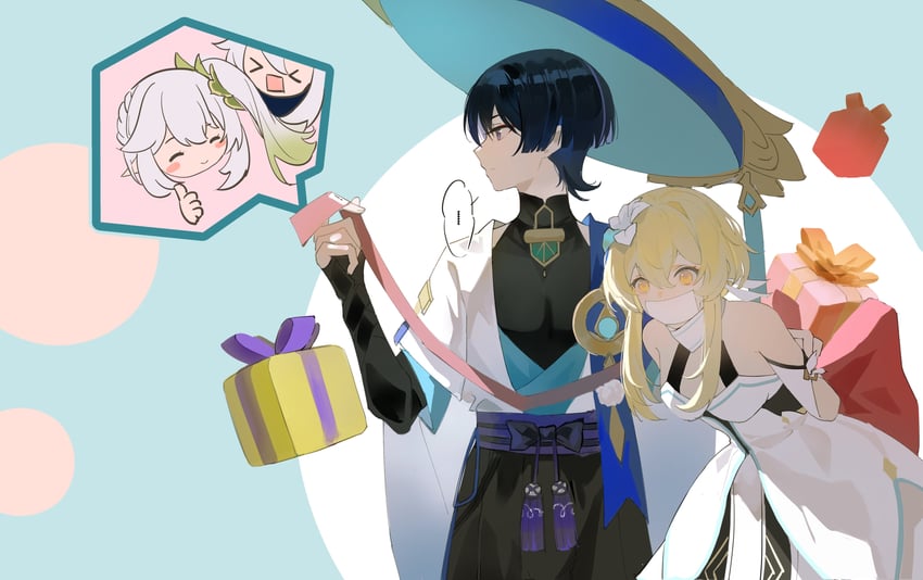 lumine, scaramouche, nahida, wanderer, and paimon (genshin impact) drawn by chamomomm