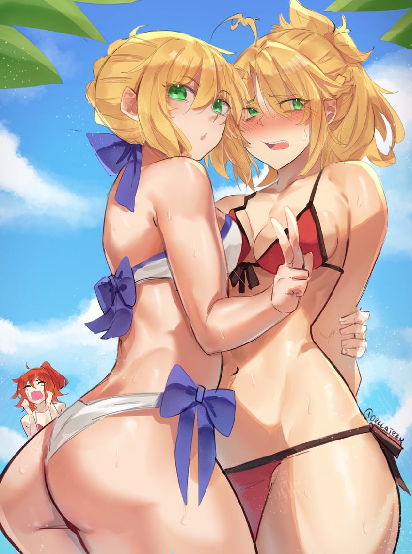 artoria pendragon, fujimaru ritsuka, and mordred (fate and 1 more) drawn by deccatezu