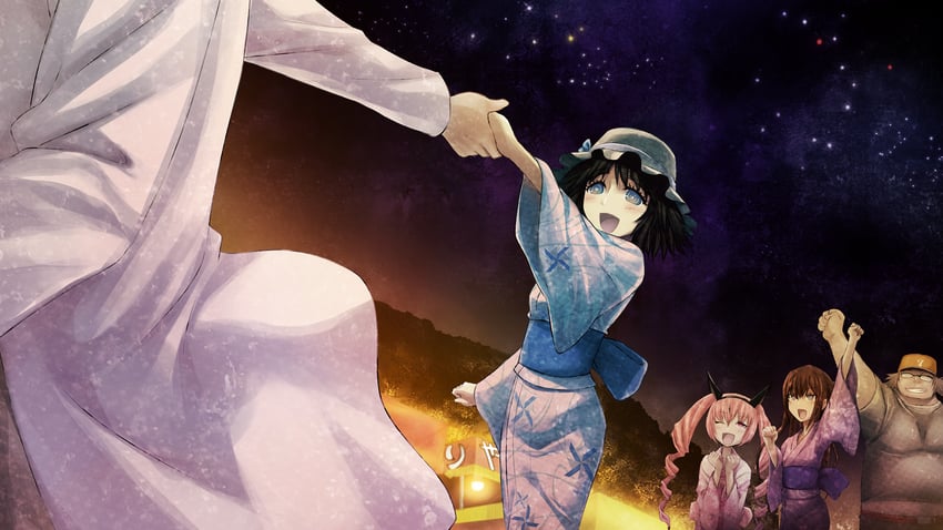 makise kurisu, okabe rintarou, shiina mayuri, akiha rumiho, and hashida itaru (steins;gate and 1 more) drawn by huke