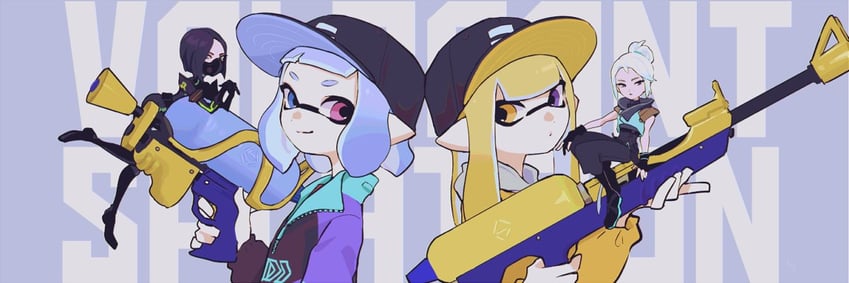 inkling player character, inkling girl, jett, and viper (splatoon and 1 more) drawn by imaikuy0