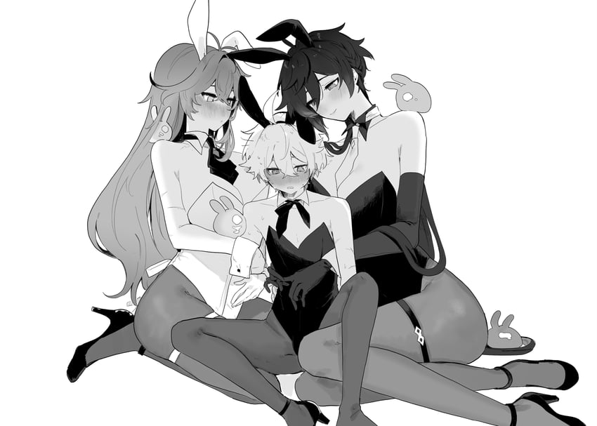 aether, zhongli, diluc, and seelie (genshin impact) drawn by tabibitowayo