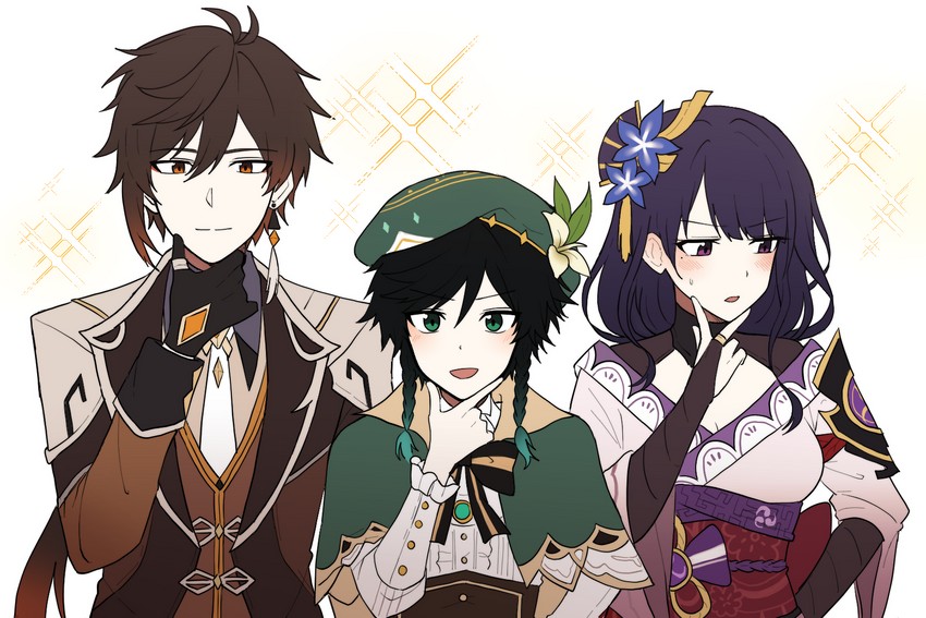 raiden shogun, zhongli, and venti (genshin impact) drawn by lix_(iroiro3843)