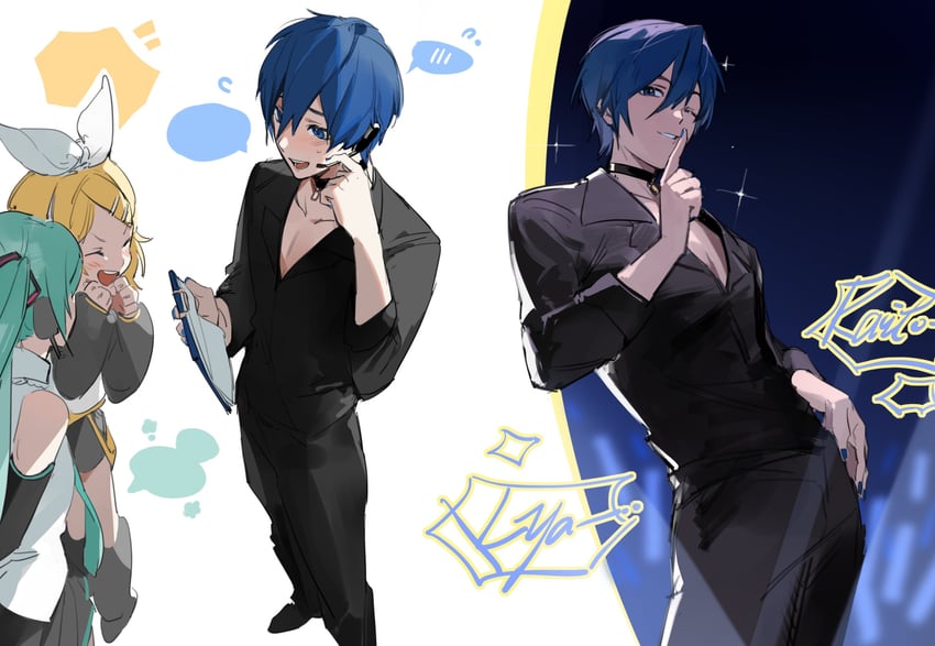 hatsune miku, kagamine rin, and kaito (vocaloid and 2 more) drawn by bokyo