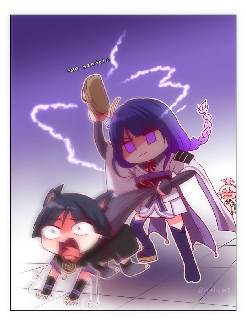 raiden shogun, scaramouche, yae miko, and nahida (genshin impact) drawn by enjelicious