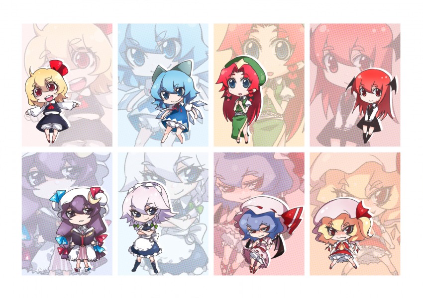 remilia scarlet, flandre scarlet, izayoi sakuya, cirno, patchouli knowledge, and 3 more (touhou and 1 more) drawn by tima