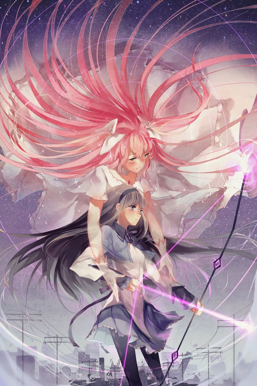 akemi homura, kaname madoka, and ultimate madoka (mahou shoujo madoka magica) drawn by pixiescout