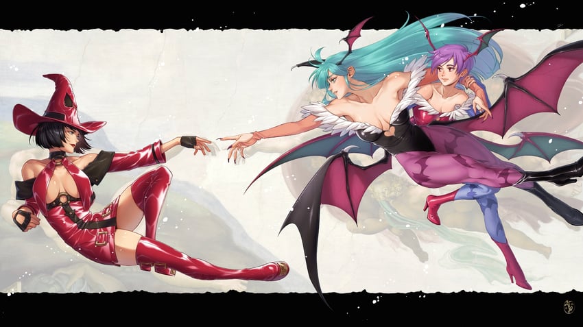 morrigan aensland, lilith, and i-no (guilty gear and 2 more) drawn by irene_koh