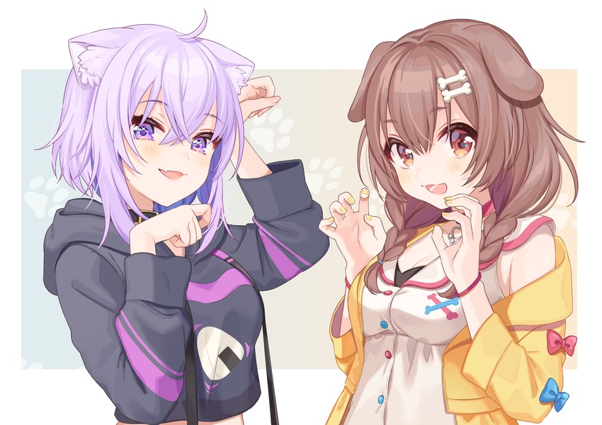 nekomata okayu and inugami korone (hololive) drawn by shigure_ui