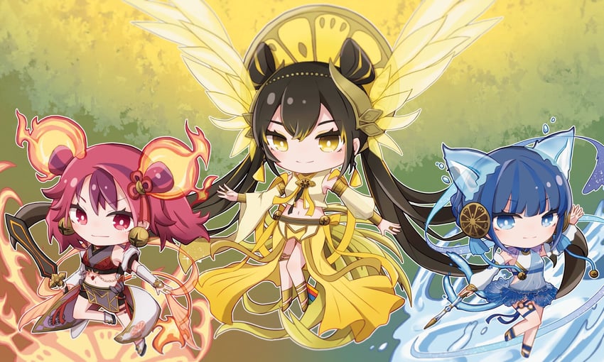 ni-ni the mirror mikanko, ha-re the sword mikanko, and ohime the manifested mikanko (yu-gi-oh!) drawn by watamoofu