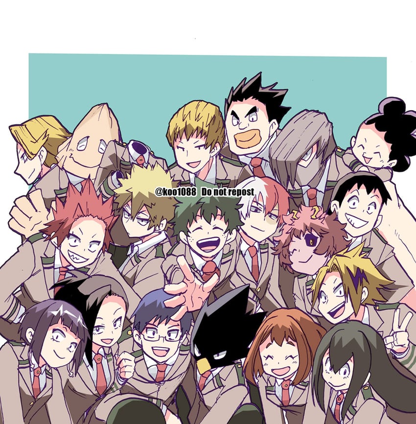 midoriya izuku, bakugou katsuki, uraraka ochaco, todoroki shoto, asui tsuyu, and 15 more (boku no hero academia) drawn by koo1088