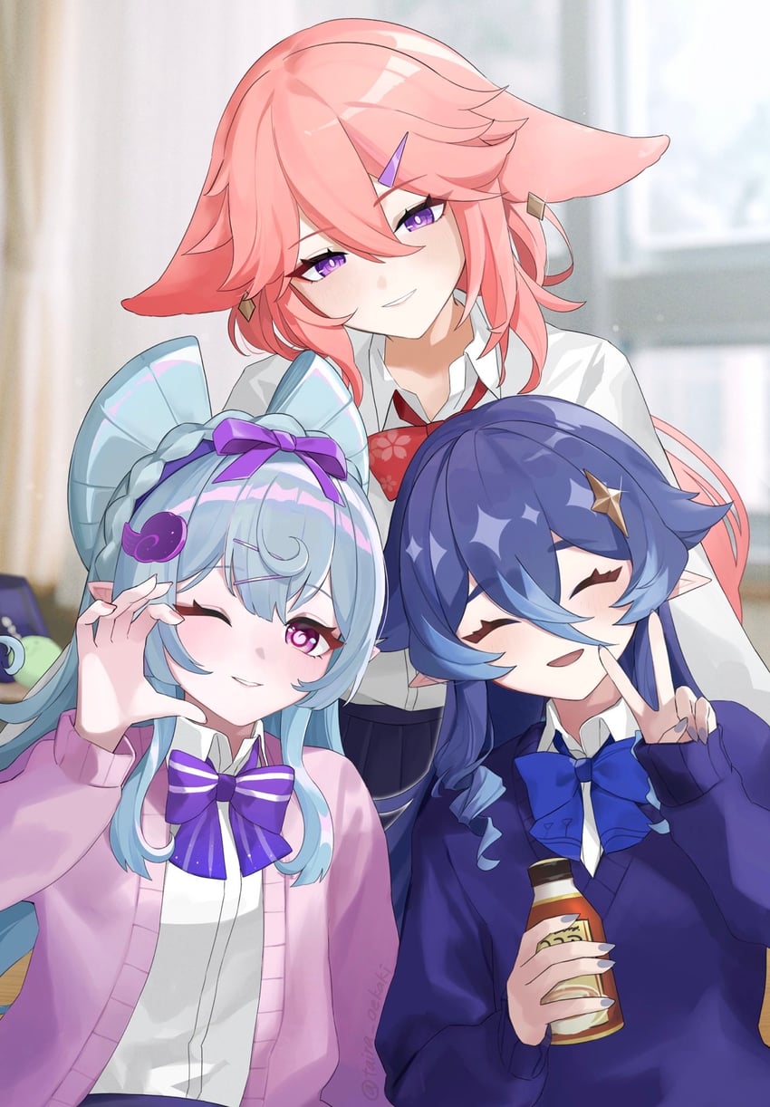 yae miko, layla, and yumemizuki mizuki (genshin impact) drawn by taira_(taira_oekaki)