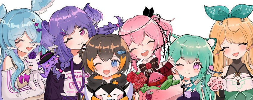 elira pendora, selen tatsuki, pomu rainpuff, finana ryugu, petra gurin, and 4 more (nijisanji and 1 more) drawn by nini_niniko