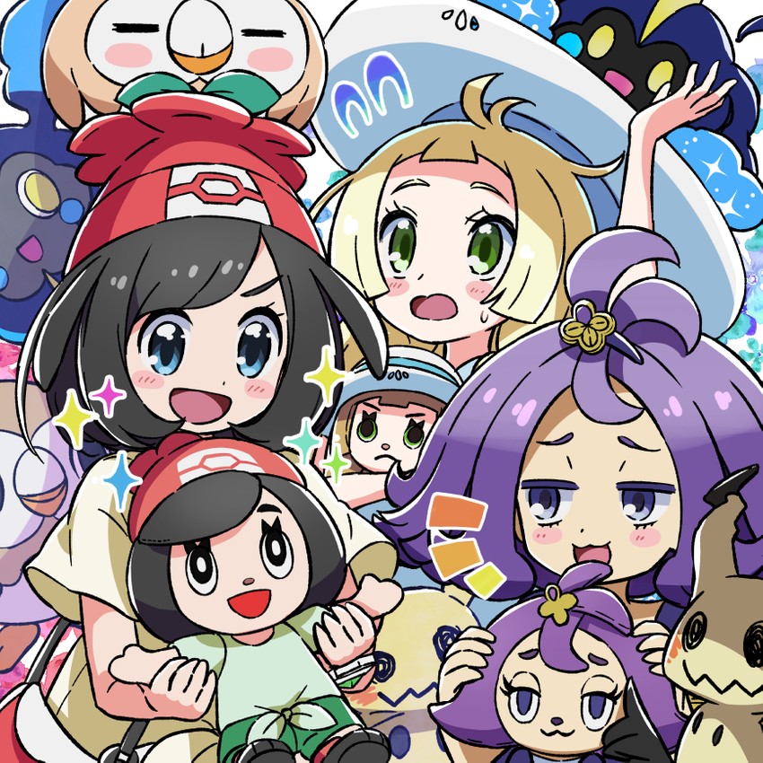 lillie, selene, rowlet, mimikyu, acerola, and 1 more (pokemon and 1 more) drawn by kingin