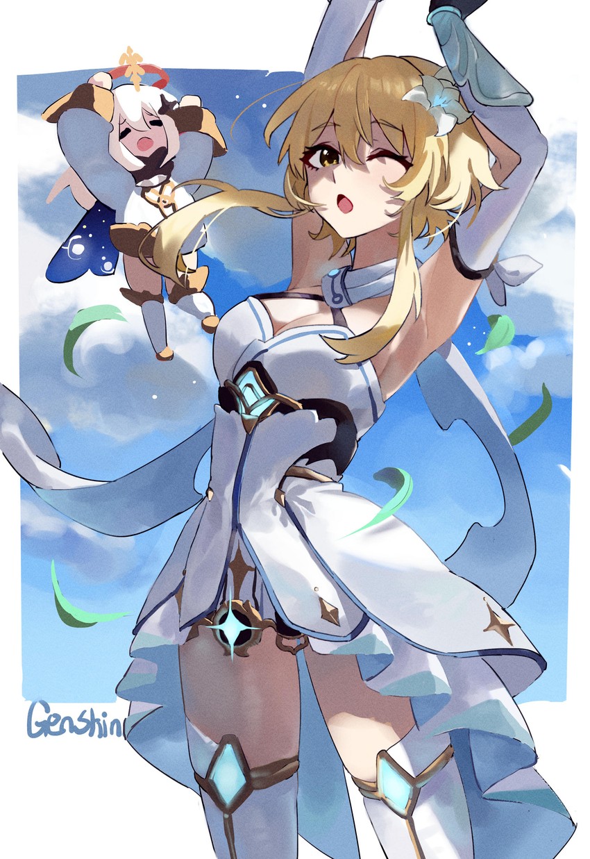 lumine and paimon (genshin impact) drawn by feipin_zhanshi