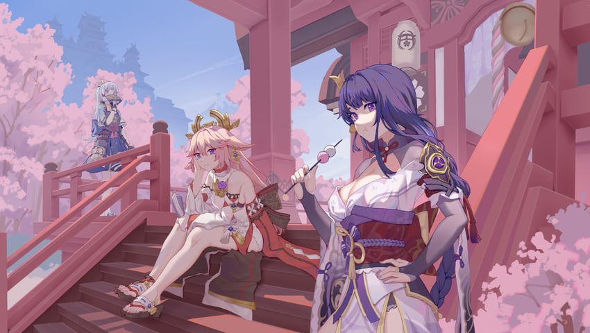 raiden shogun, yae miko, and kamisato ayaka (genshin impact) drawn by youpofen