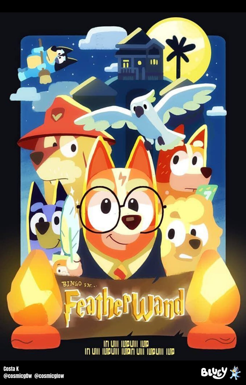 harry potter, bluey heeler, bandit heeler, bingo heeler, chilli heeler, and 2 more (wizarding world and 3 more) drawn by costa_daniel_kassab