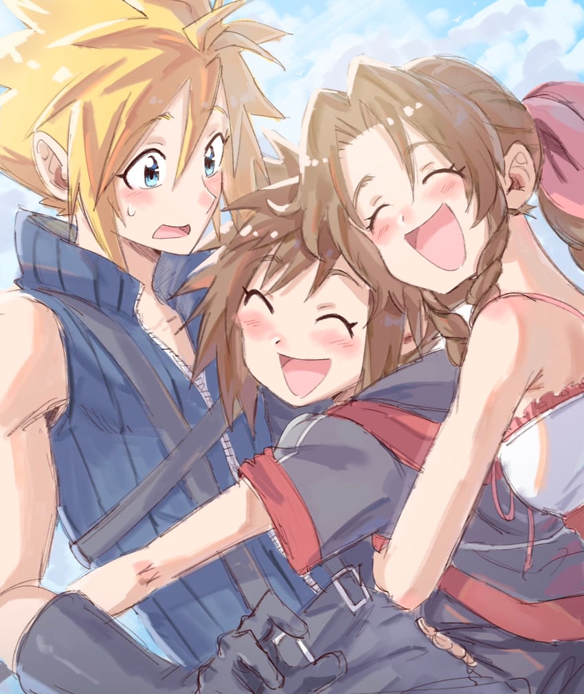cloud strife, aerith gainsborough, and sora (final fantasy and 4 more) drawn by bervens12