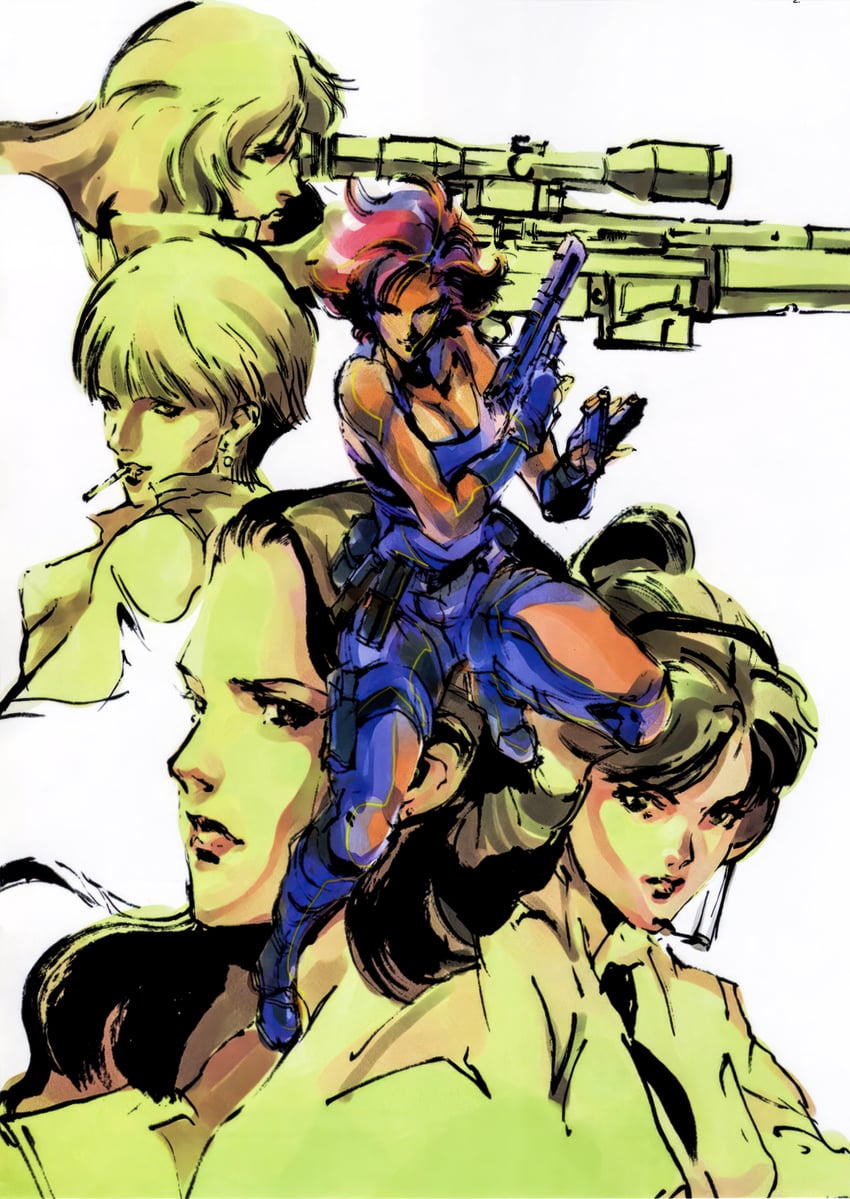 meryl silverburgh, sniper wolf, naomi hunter, mei ling, and nastasha romanenko (metal gear and 1 more) drawn by shinkawa_youji