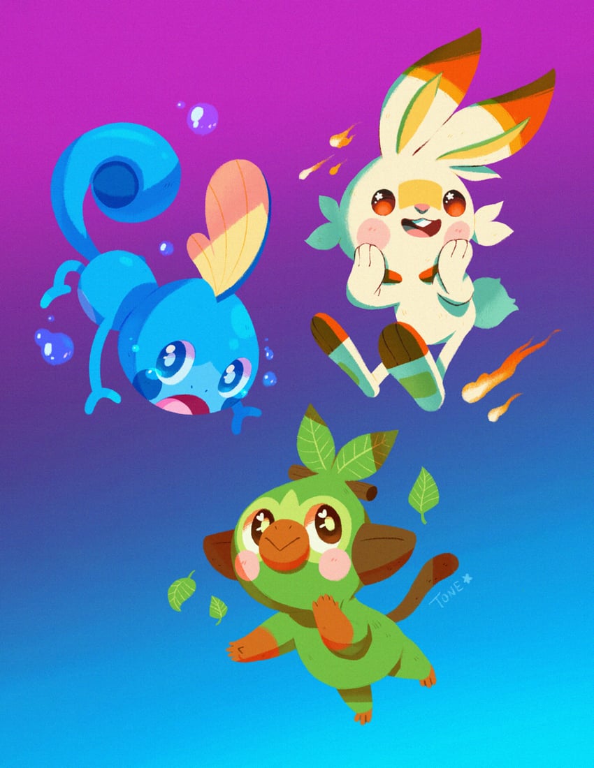 scorbunny, sobble, and grookey (pokemon) drawn by tonestarr
