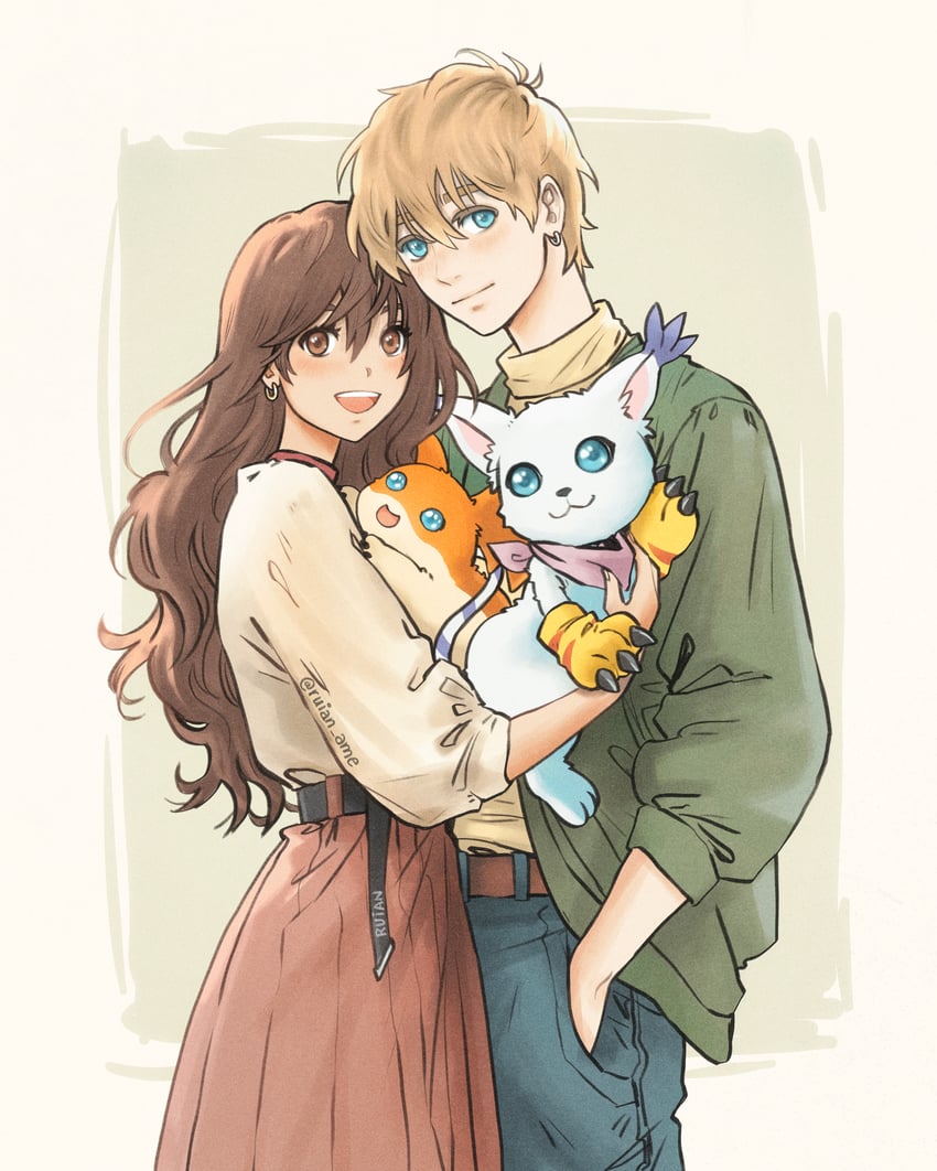 yagami hikari, tailmon, takaishi takeru, and patamon (digimon and 2 more) drawn by ruian_ame