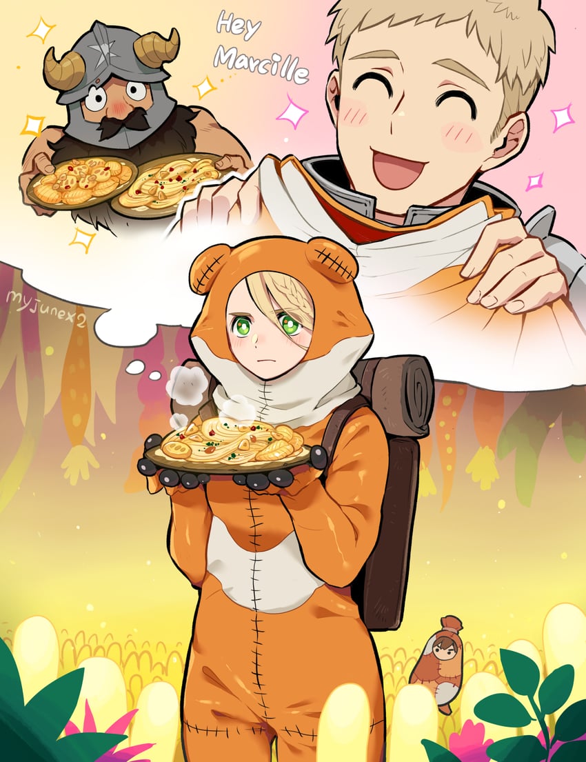 marcille donato, laios touden, senshi, and chilchuck tims (dungeon meshi) drawn by wooni
