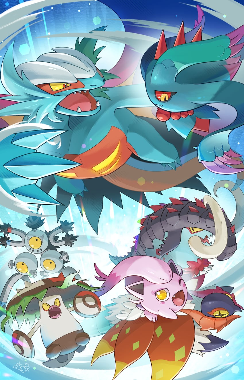 scream tail, flutter mane, slither wing, roaring moon, sandy shocks, and 2 more (pokemon) drawn by yamaori_(hakkentai_pokedan)