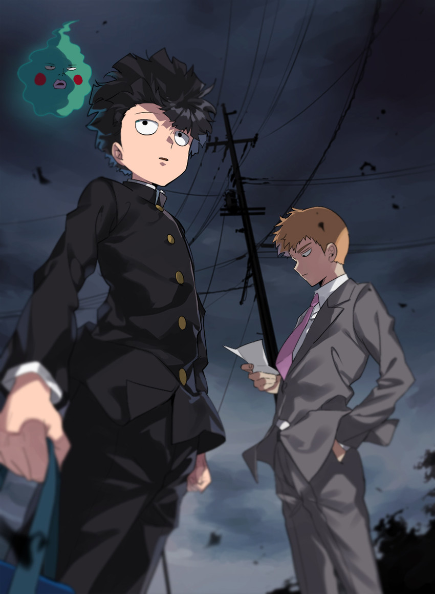 kageyama shigeo, reigen arataka, and ekubo (mob psycho 100) drawn by jinno_(megacake)