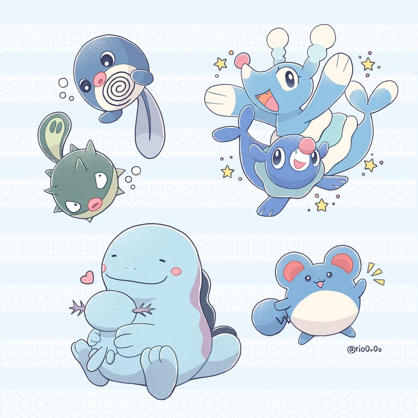 popplio, marill, wooper, quagsire, poliwag, and 2 more (pokemon) drawn by rio_(rio0v0o)
