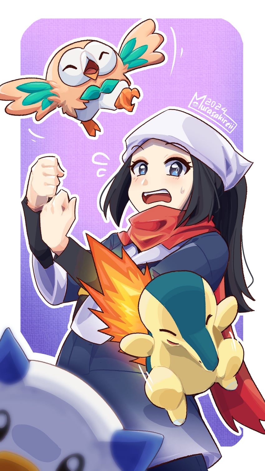 akari, rowlet, oshawott, and cyndaquil (pokemon and 1 more) drawn by murasakireii