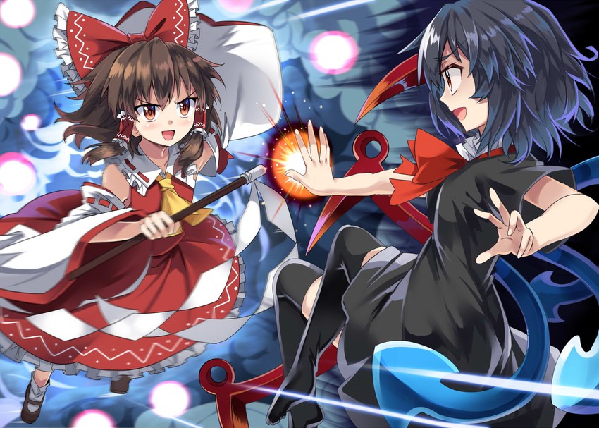 hakurei reimu and houjuu nue (touhou) drawn by e.o.