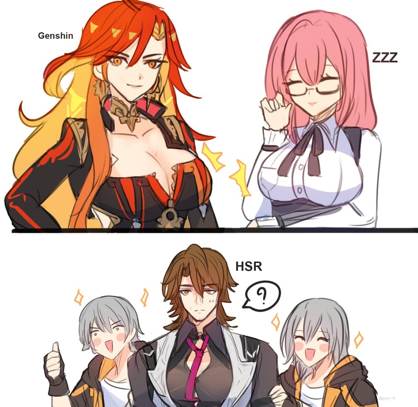 trailblazer, stelle, caelus, tsukishiro yanagi, mavuika, and 1 more (genshin impact and 4 more) drawn by pun-rii