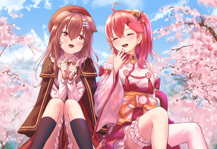 sakura miko and inugami korone (hololive) drawn by roke_(taikodon)