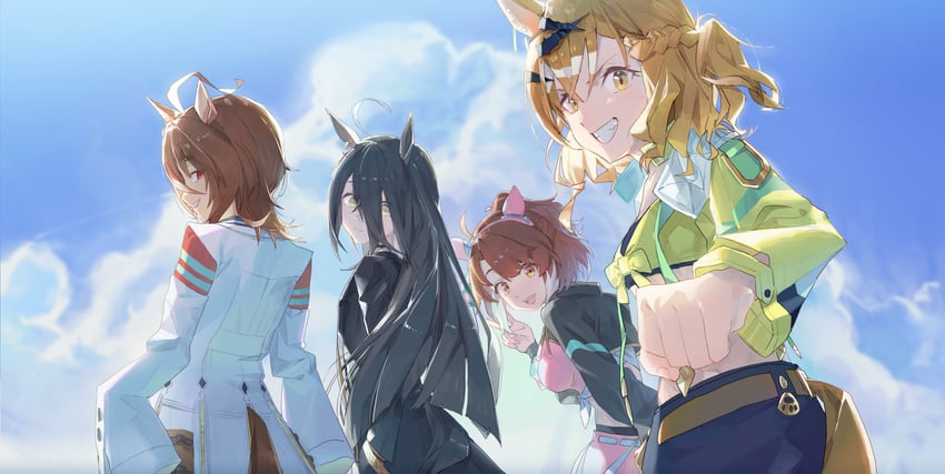 agnes tachyon, manhattan cafe, jungle pocket, and dantsu flame (umamusume and 1 more) drawn by amano_kokoko