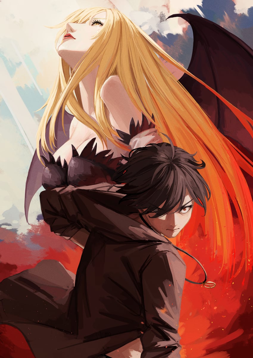 oshino shinobu, araragi koyomi, and kiss-shot acerola-orion heart-under-blade (monogatari and 1 more) drawn by nemo_ringo