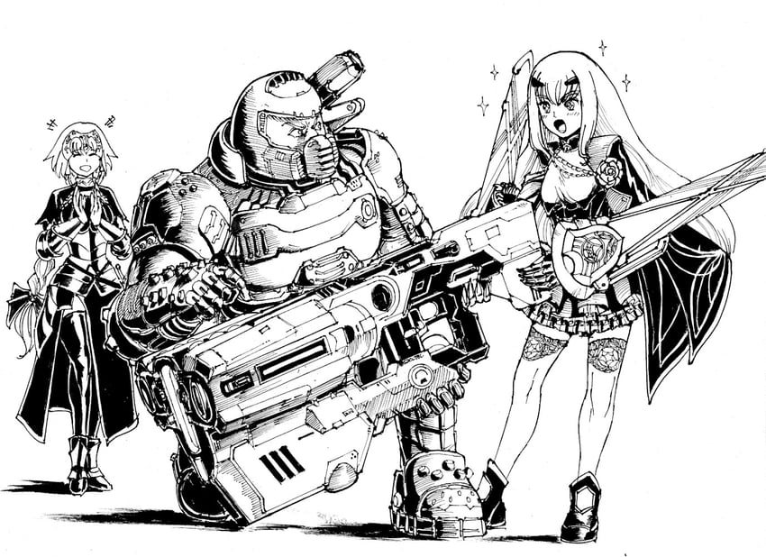 jeanne d'arc, melusine, and doomguy (fate and 3 more) drawn by substance20