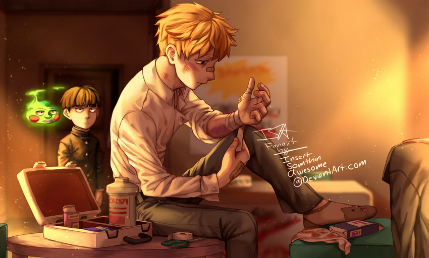 kageyama shigeo, reigen arataka, and ekubo (mob psycho 100) drawn by insertsomthinawesome