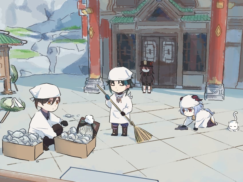 ganyu, hu tao, zhongli, and xiao (genshin impact) drawn by xinzoruo