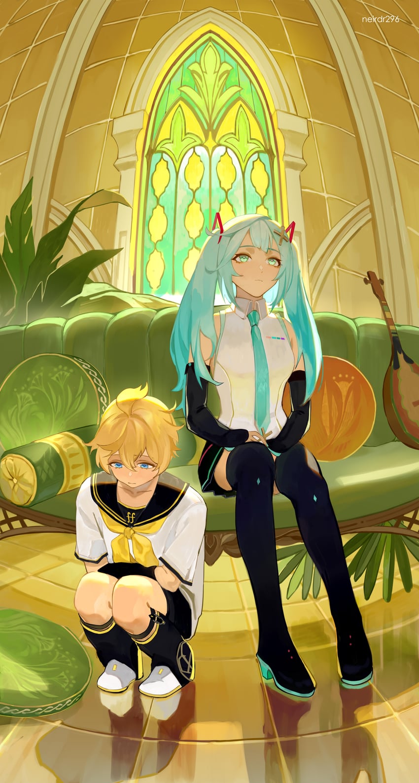 hatsune miku, kagamine len, faruzan, and mika (genshin impact and 1 more) drawn by neirdr1